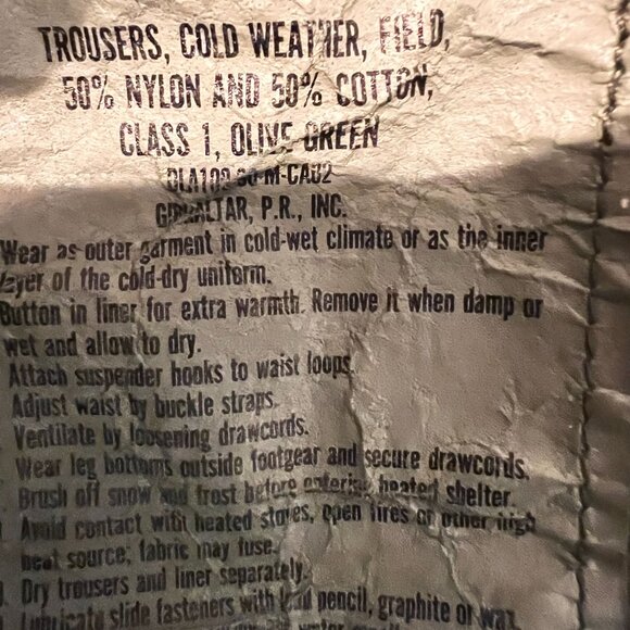 Military pant Cold Weather Field Trousers DLA100-90-M-CA02 vintage gibraltar P.R - Picture 5 of 16
